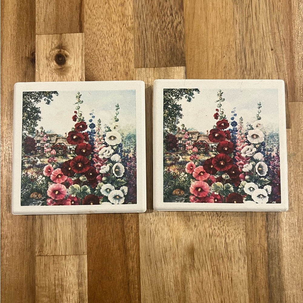 GLYNDA TURLEY, HOLLYHOCKS III, Set of 2 Vintage Coasters, 1995